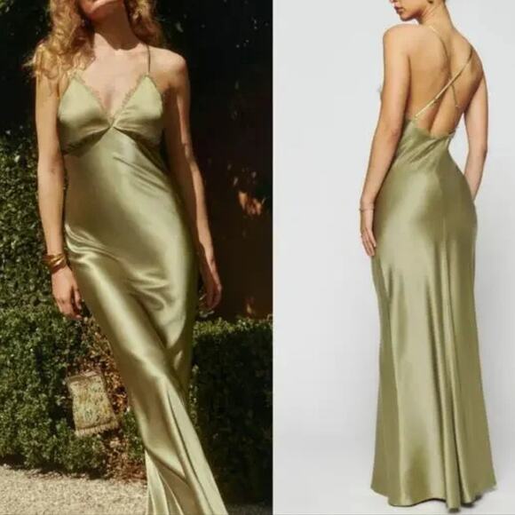 Reformation Maysen Silk Formal Maxi Dress Olive Oil Green NWT - Picture 2 of 10